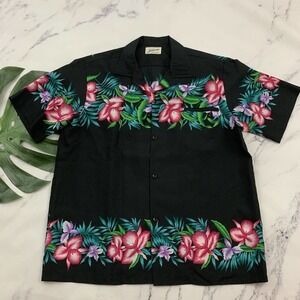 Helenas Mens Vintage Hawaiian Shirt Size L Black Pink Orchid Floral Tropical